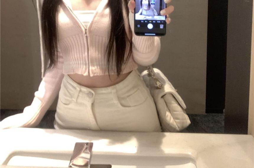 Plain Hood Crop Zip Cardigan / Square Neck Plain Cutout Padded Crop Tank Top Product Image