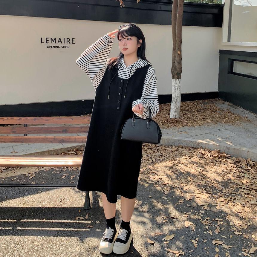 Plus Size Set: Puff-Sleeve Striped Hoodie + Henley Plain Midi Overall Dress Product Image