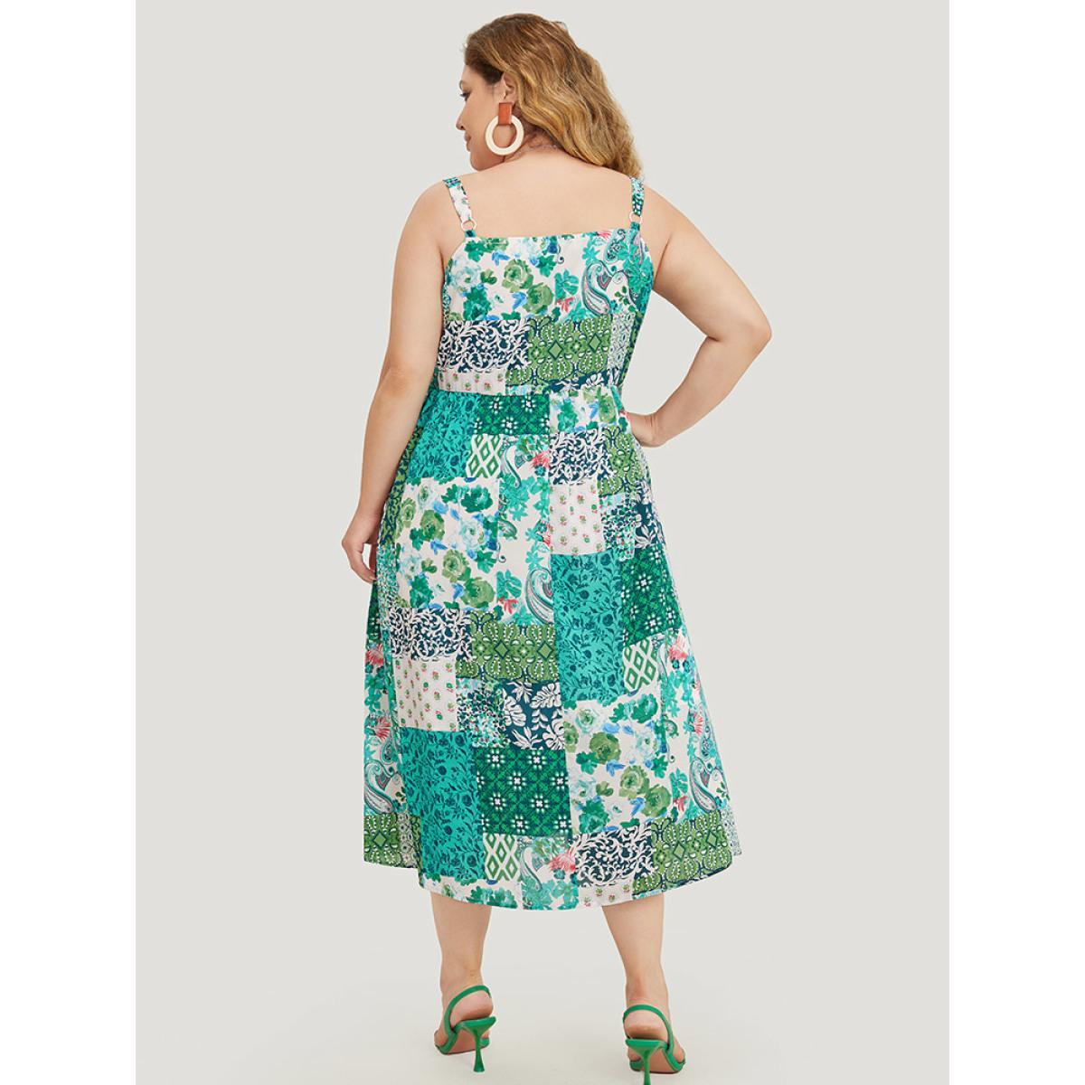 Plus Size Pixel Flower Pocket Ruffle Hem Cami Dress Multicolor Women Vacation Adjustable Straps Spaghetti Strap Sleeveless Curvy Midi Dress BloomChic 22-24/3X Product Image