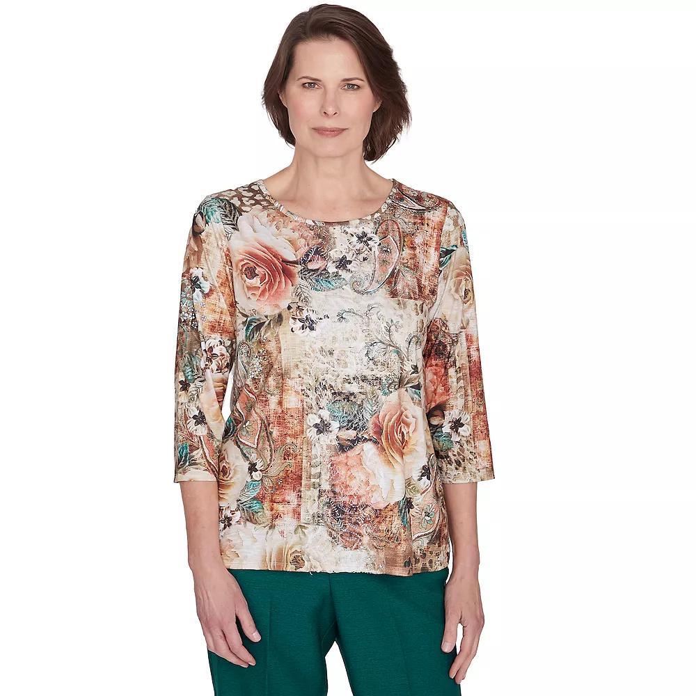 Petite Alfred Dunner Center Lace Floral Print Top, Women's, Size: Large Petite, Neutral Team Product Image
