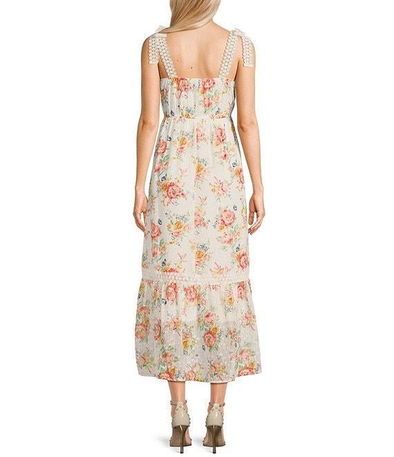 Blu Pepper Floral Print Square Neck Ribbon Tie Midi Dress Product Image