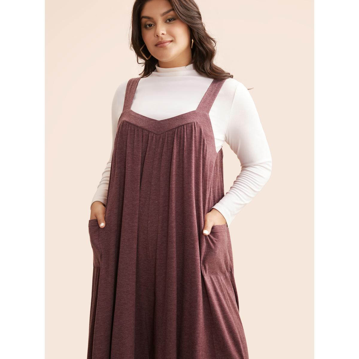 Plus Size Burgundy Heather Gathered Loose-Fit Jumpsuit Women Casual Sleeveless Heart neckline Everyday Loose Jumpsuits BloomChic 26/4X Product Image