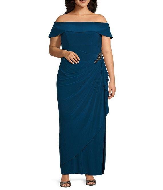 Alex Evenings Plus Size Sleeveless Off-The-Shoulder Fold Over Cuff Side Slit Gown Product Image