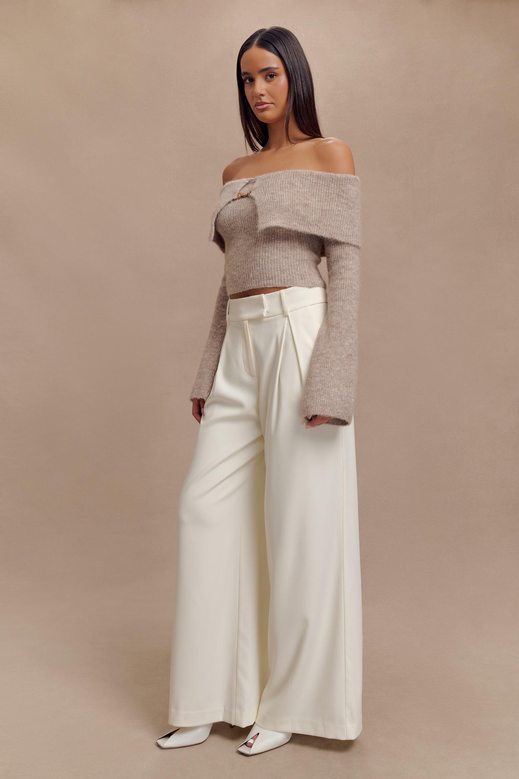 Baxter Off Shoulder Fluffy Knit Top - Taupe Product Image