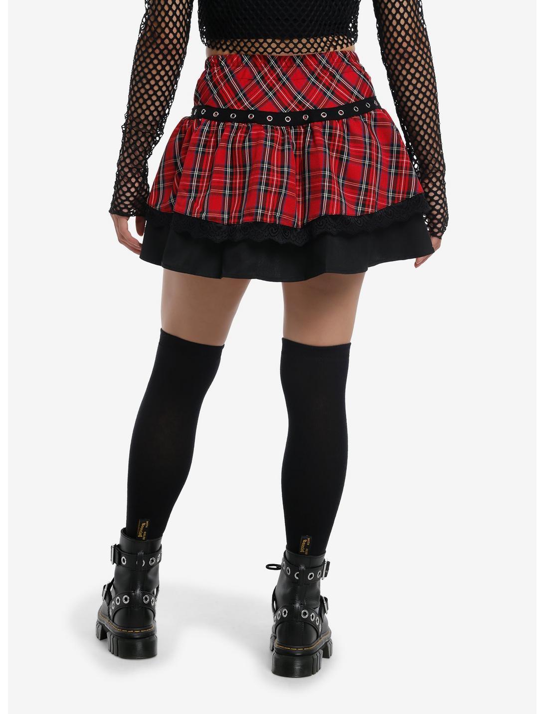 Social Collision Red Plaid Black Grommet Tiered Skirt Product Image