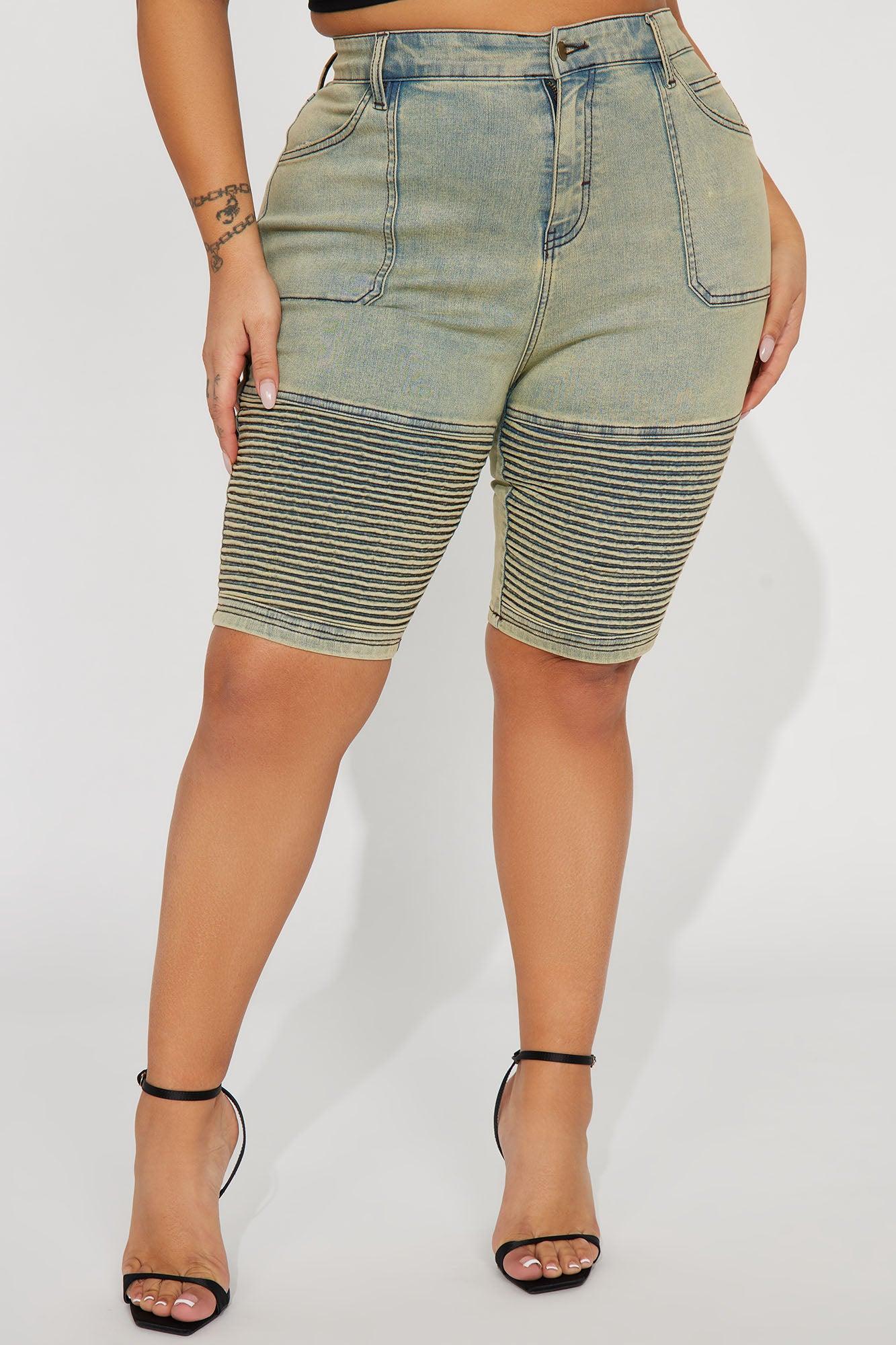 Heating Up Moto Stretch Denim Bermuda Shorts - Vintage Wash Product Image