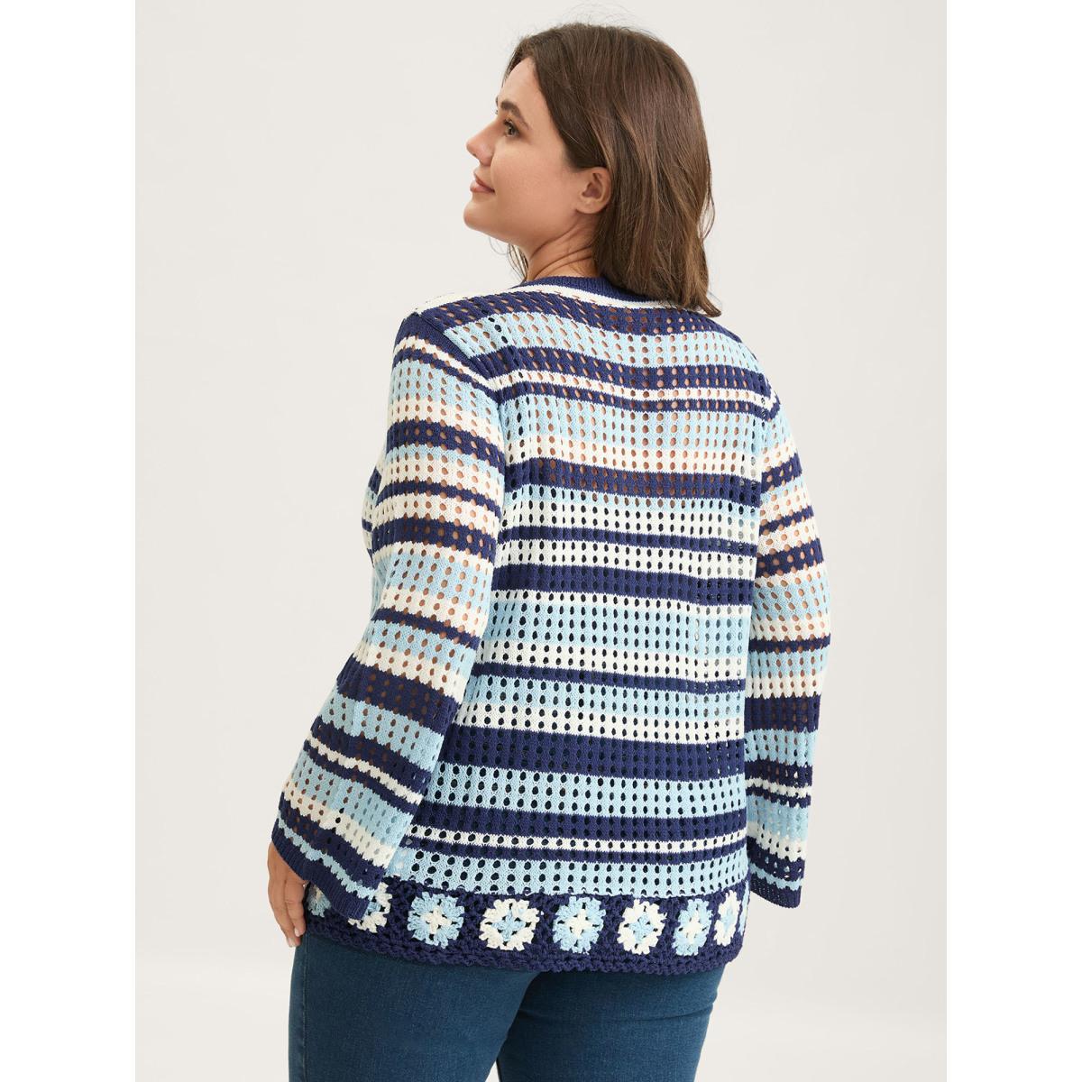 Plus Size Crochet Color Stripes Flared Sleeve Knit Cardigan Indigo Women Loose Long Sleeve Everyday-Casual Cardigans BloomChic 14-16/1X Product Image