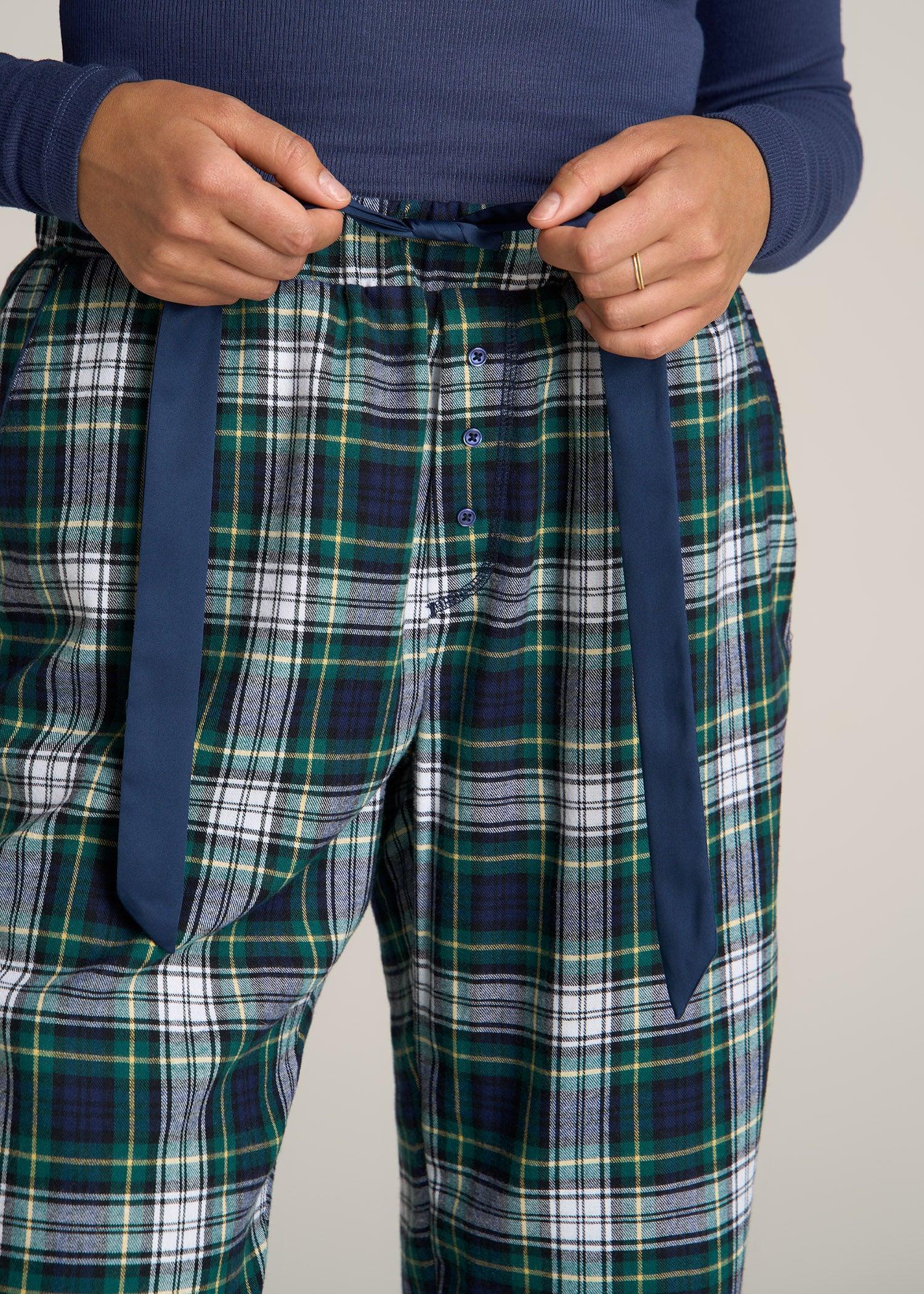 Open-Bottom Flannel Women's Tall Pajama Pants in Green and Navy Tartan Product Image