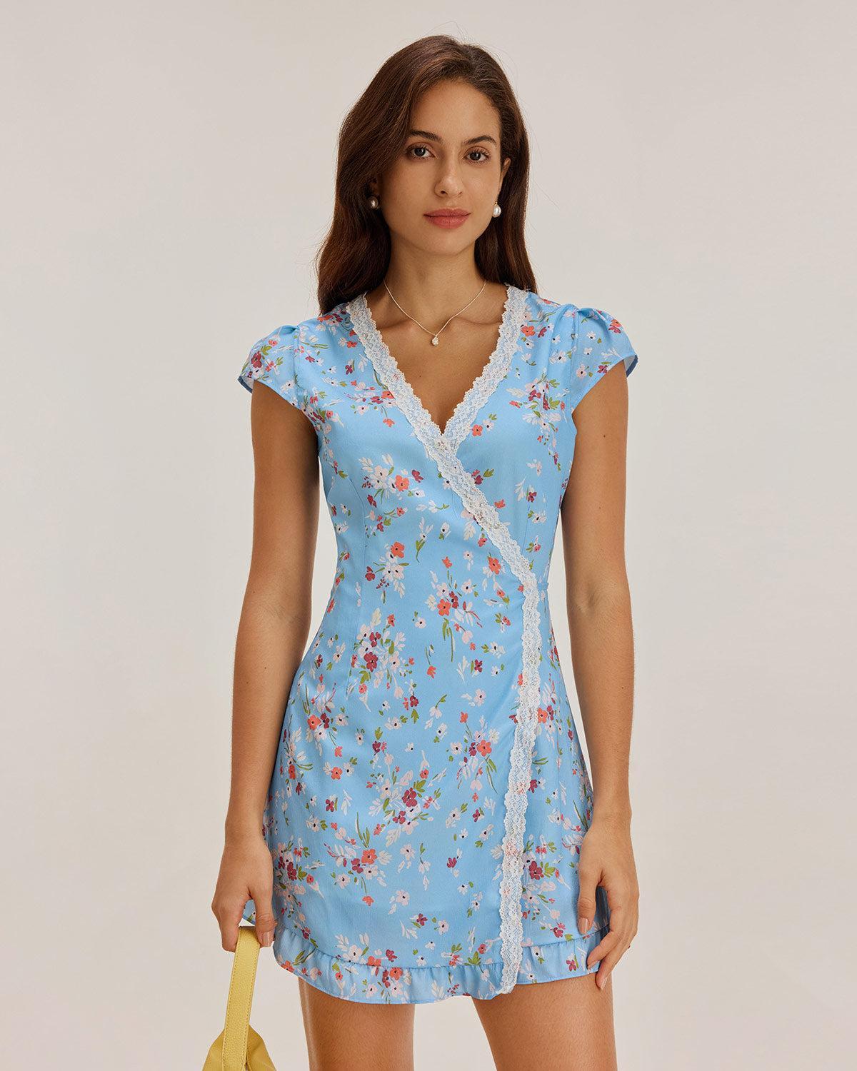 Blue Floral Wrap Mini Dress Product Image