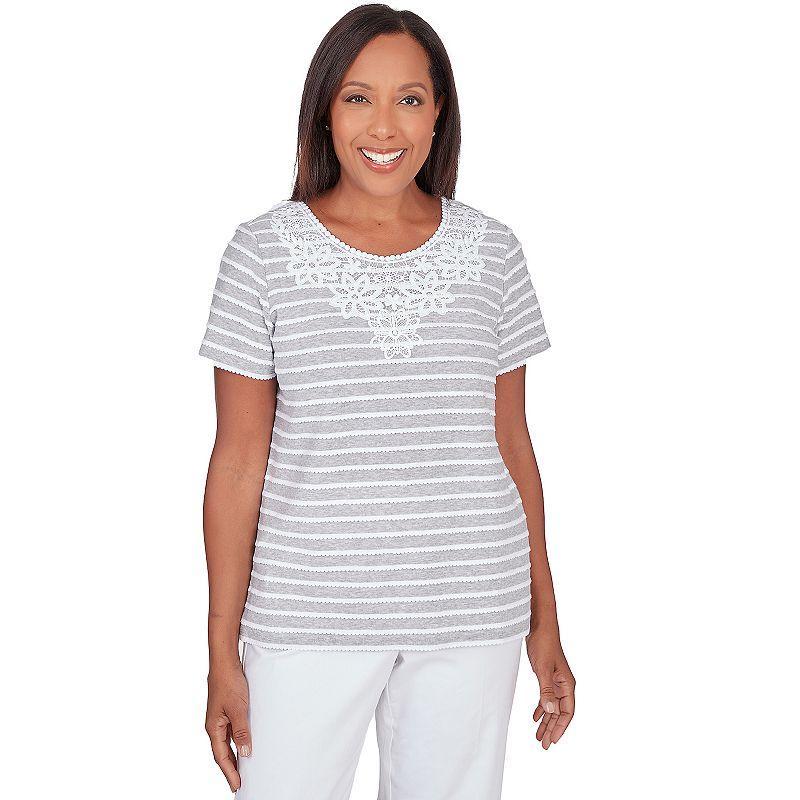 Womens Alfred Dunner Lace Neck Striped Split Hem Tee Grey Gray Product Image