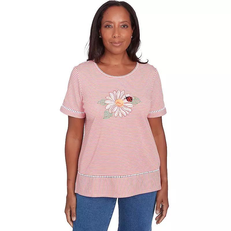 Petite Alfred Dunner Daisy Knit Striped Tee, Women's, Size: Medium Petite, Pink Product Image