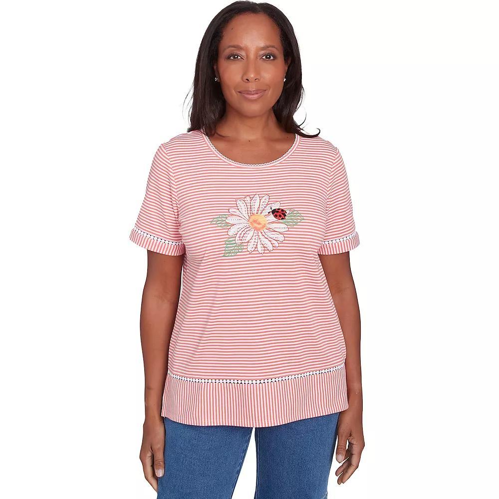 Petite Alfred Dunner Daisy Knit Striped Tee, Women's, Size: Medium Petite, Pink Product Image