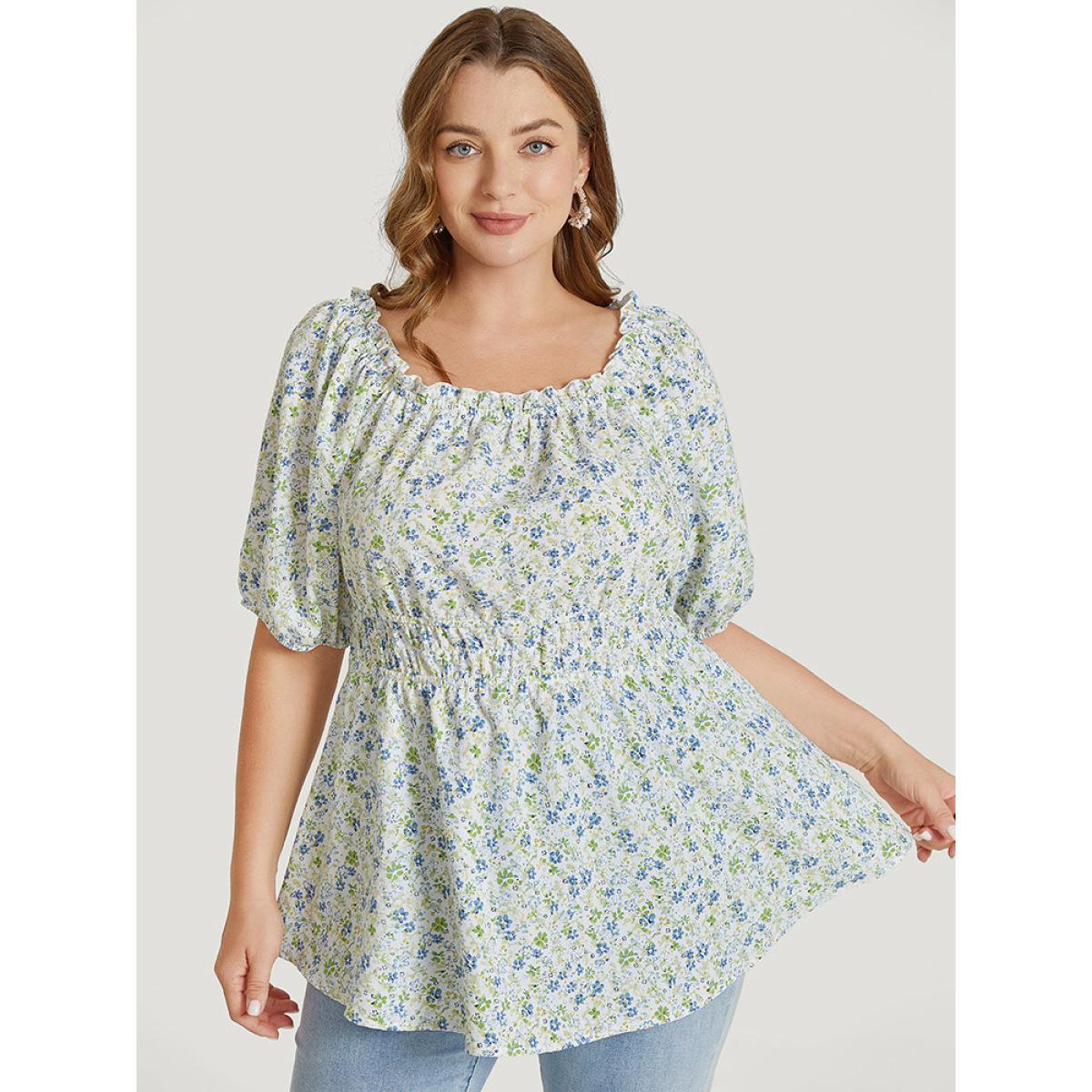 Plus Size Multicolor Ditsy Floral Puff Sleeve Frill Trim Elastic Waist Blouse Women Elegant Short sleeve Square Neck Dailywear Blouses BloomChic 18-20/2X Product Image