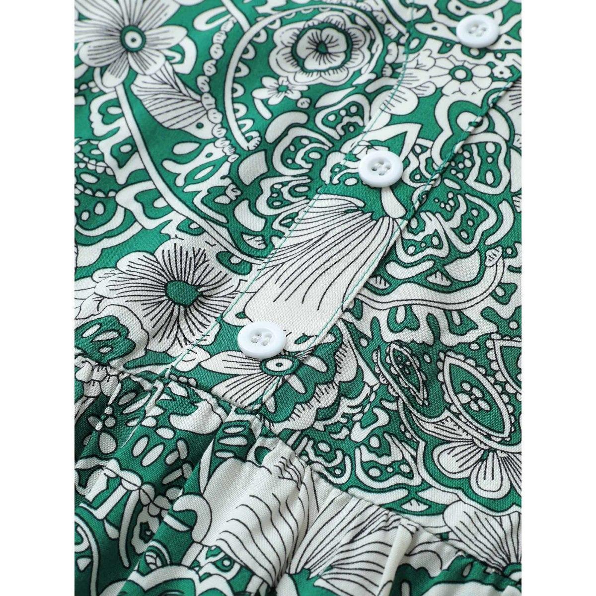 Plus Size Floral Shirred Button Detail Lantern Sleeve Dress Emerald Women Resort Non Notched collar Long Sleeve Curvy Midi Dress BloomChic 12/L Product Image