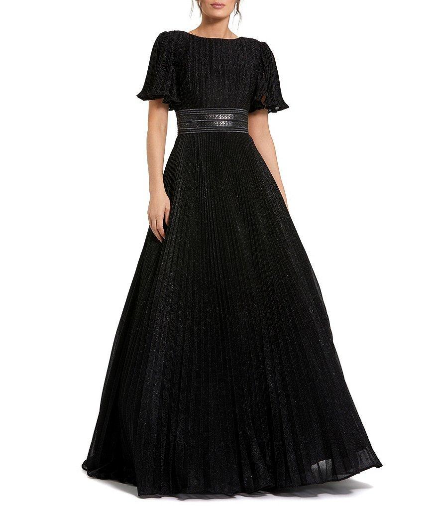 Mac Duggal Shimmer Georgette Pleated Round Neck Short Flutter Sleeve Gown Product Image