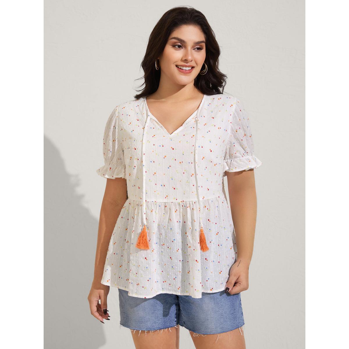 Plus Size Beige Cotton Colorful Embroidered Tassels Solid Blouse Women Short sleeve V-neck Vacation Blouses BloomChic 18-20/2X Product Image