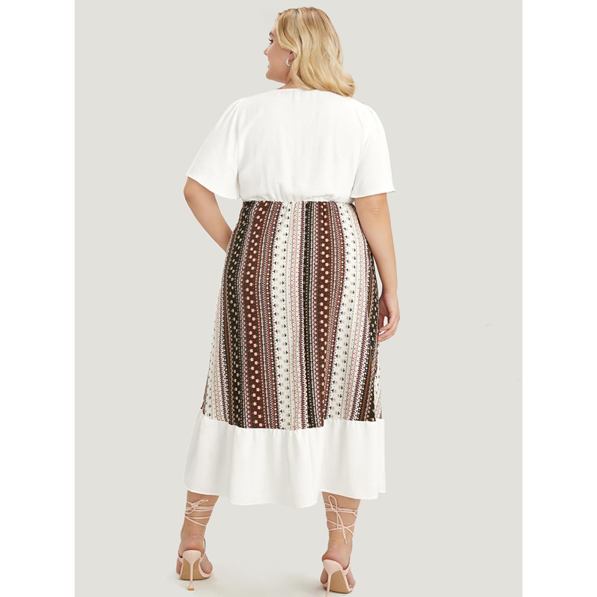 Plus Size Bandana Patchwork Square Neck Pocket Ruffles Hem Dress Ivory Women Vacation Patchwork Square Neck Short sleeve Curvy Midi Dress BloomChic 18-20/2X Product Image