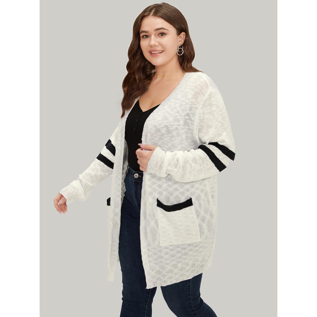 Plus Size Contrast Patched Pocket Open Front Cardigan White Women Casual Loose Long Sleeve Everyday Cardigans BloomChic 18-20/2X Product Image