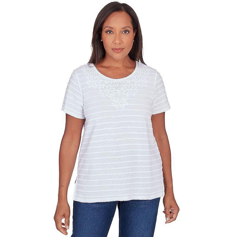 Womens Alfred Dunner Lace Neck Striped Split Hem Tee Grey Gray Product Image