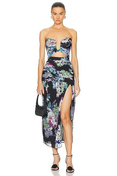 NICHOLAS Morgan Strapless Seamed Midi Dress in Blue Product Image
