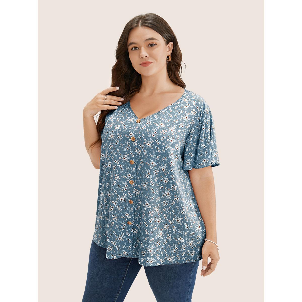 Plus Size Stone Ditsy Floral Contrast Ruffle Sleeve Button Detail Blouse Women Elegant Short sleeve Non Everyday Blouses BloomChic 22-24/3X Product Image