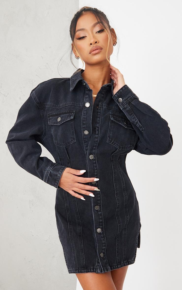 Washed Black Seam Detail Long Sleeve Denim Dress Product Image