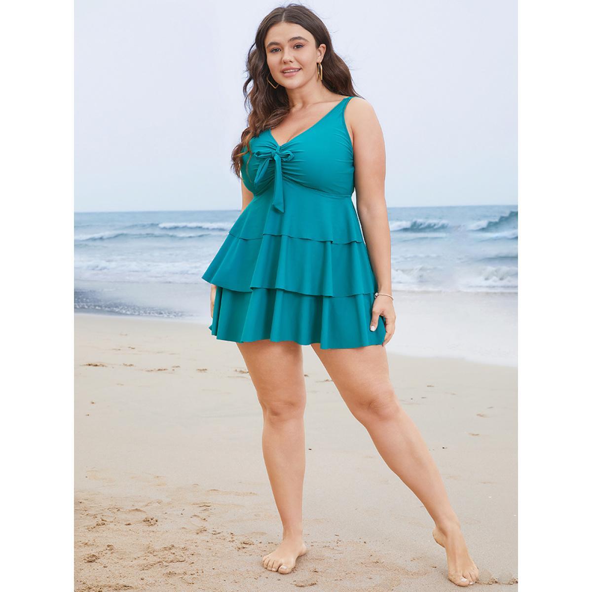 Plus Size Ruched Ruffle Tiered Knot Front Swim Dress Women's Swimwear Cerulean Vacation Bodycon V-neck High stretch Curve Swim Dresses BloomChic 14-16/1X Product Image