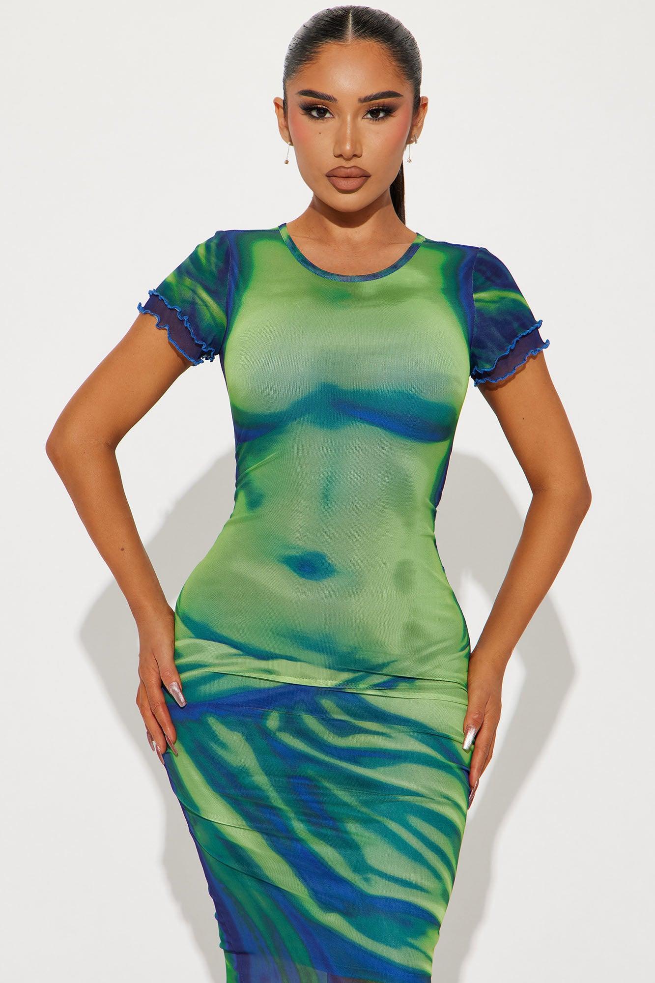 Body Language Mesh Midi Dress - Blue/combo Product Image