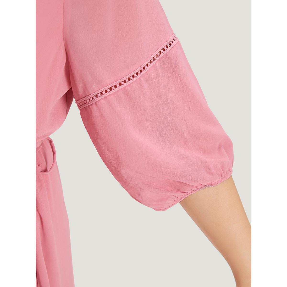 Plus Size Lace Panel Ruffle Trim Belted Lantern Sleeve Dress Pink Women Vacation Patchwork V-neck Elbow-length sleeve Curvy Knee Dress BloomChic 22-24/3X Product Image