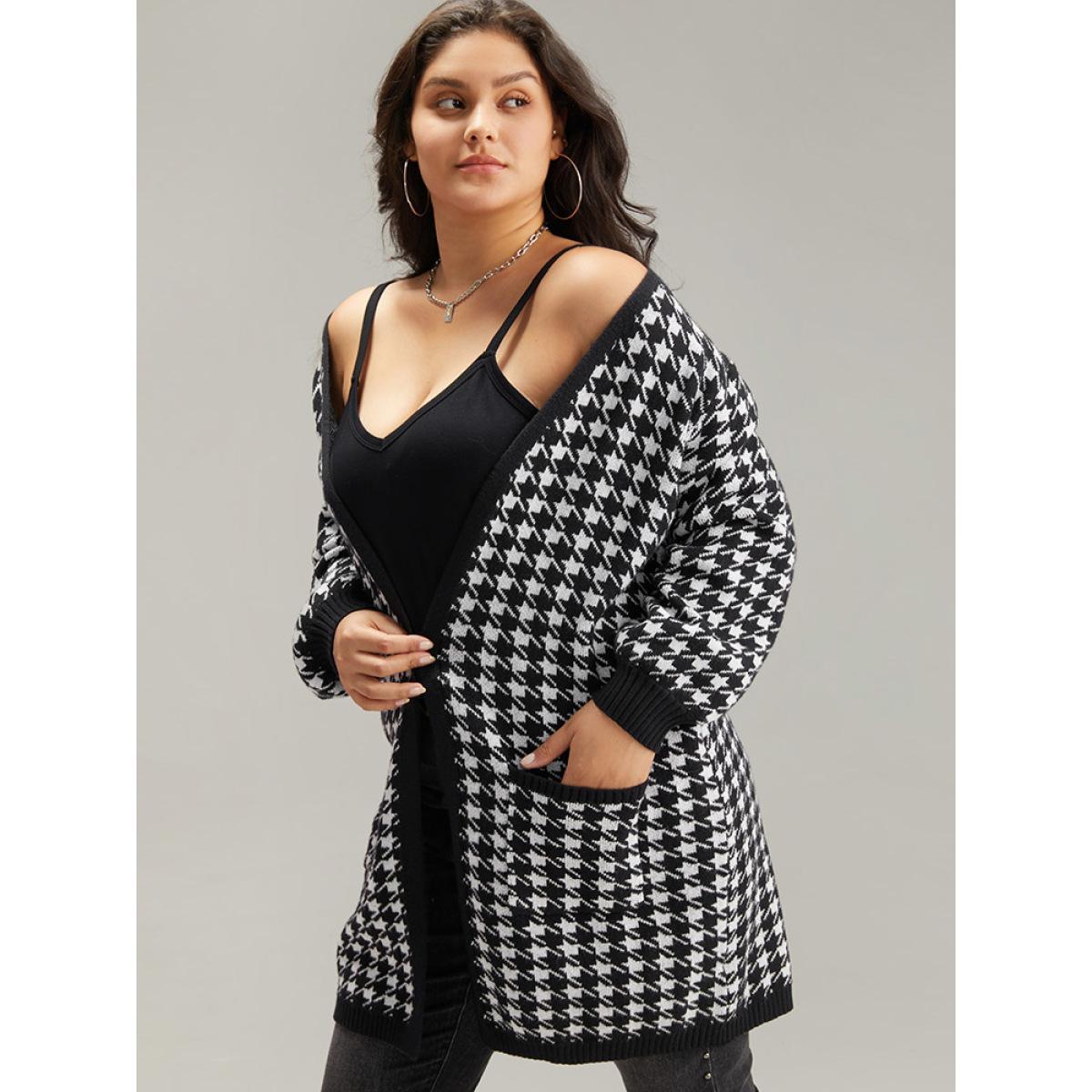 Plus Size Supersoft Essentials Houndstooth Pocket Elastic Cuffs Cardigan Black Women Casual Loose Long Sleeve Dailywear Cardigans BloomChic 26/4X Product Image