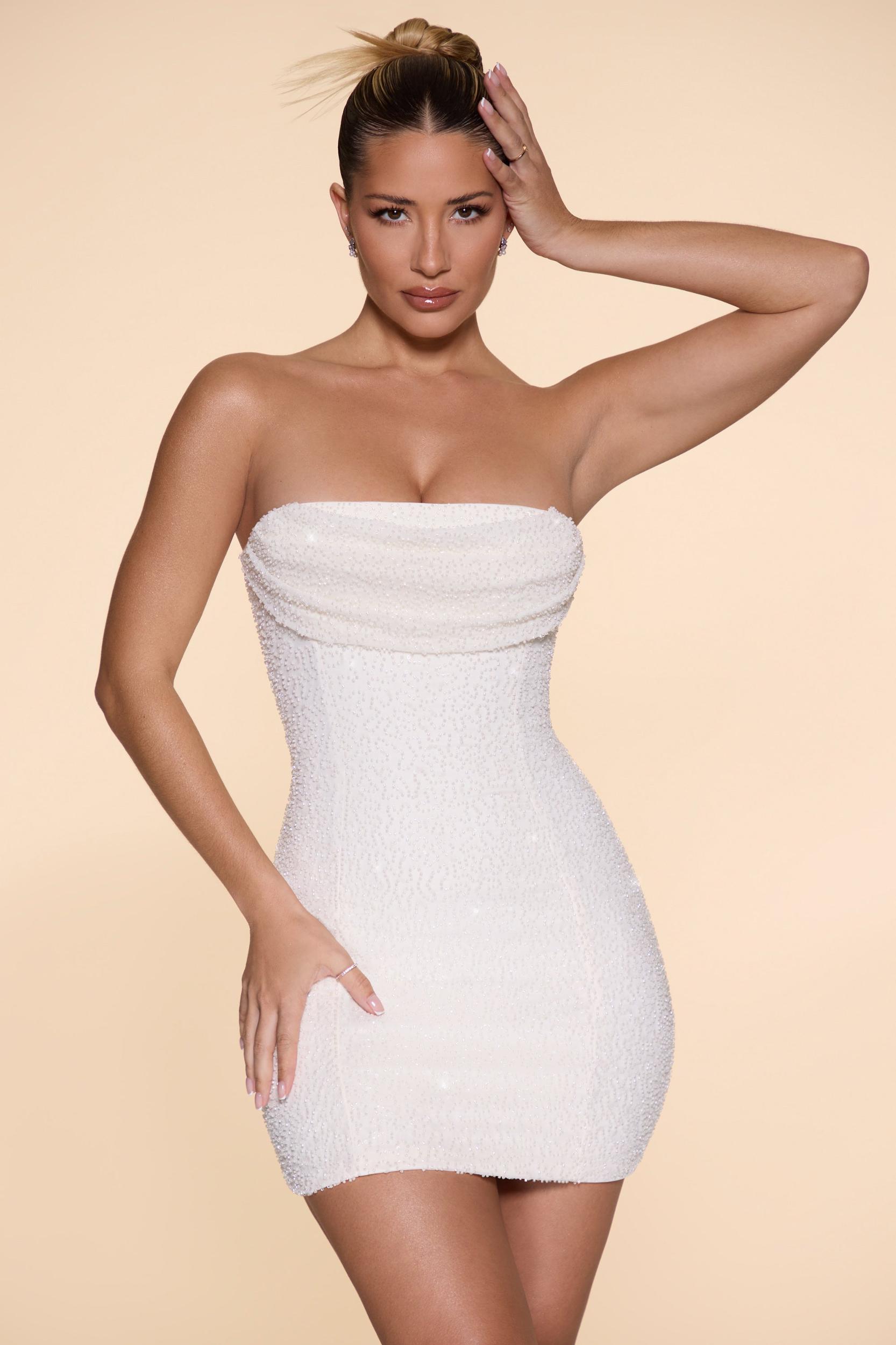 Embellished Strapless Cowl Neck Mini Dress in Ivory Product Image