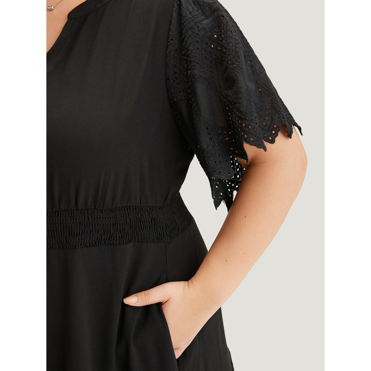 Plus Size Solid Laser Cut Pocket Notched Dress Black Women Elegant Plain Notched collar Short sleeve Curvy Midi Dress BloomChic 22-24/3X Product Image