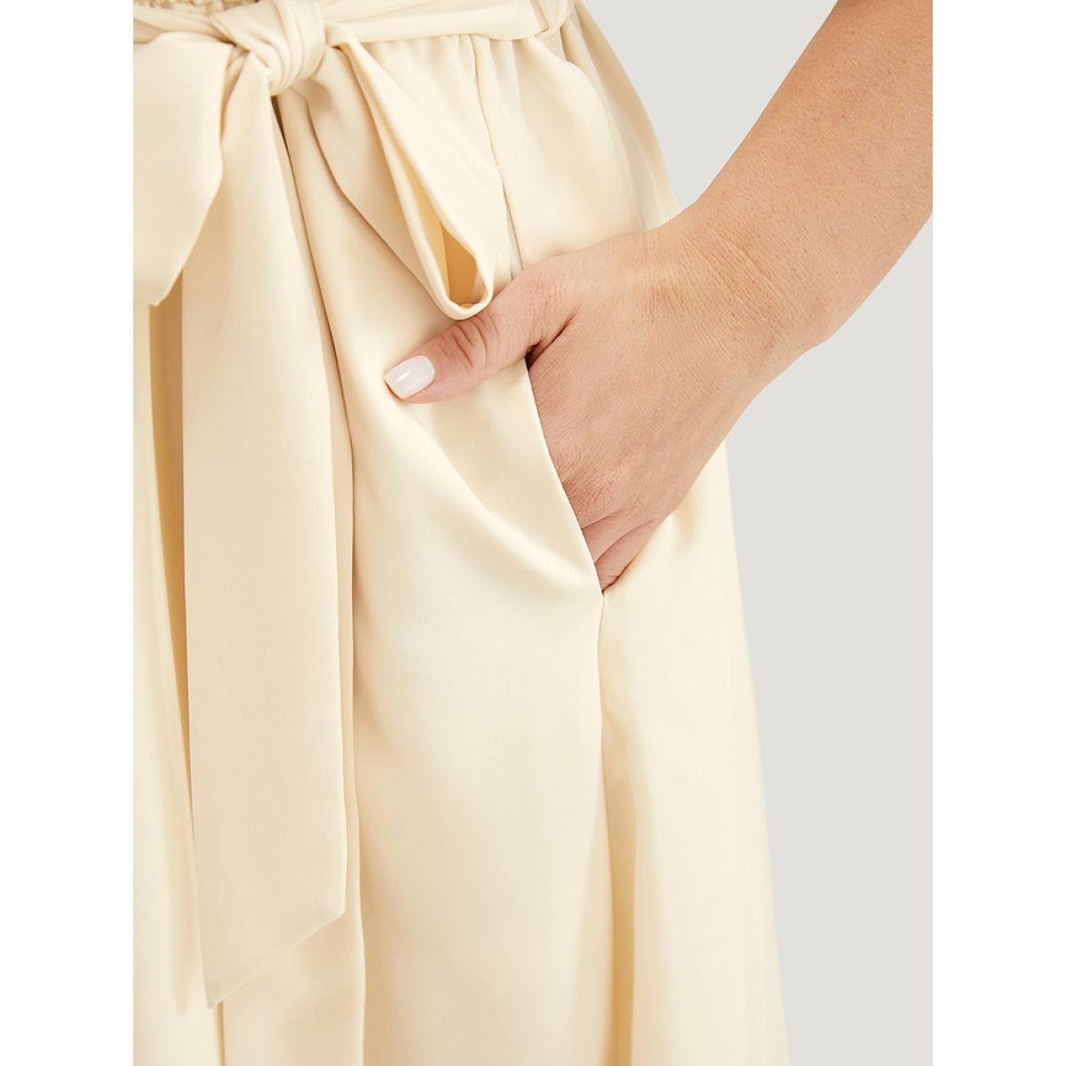 Plus Size Solid Chain Detail Cut Out Pocket Belted Flutter Dress Beige Women Office Cross straps V-neck Short sleeve Curvy Midi Dress BloomChic 10/M Product Image