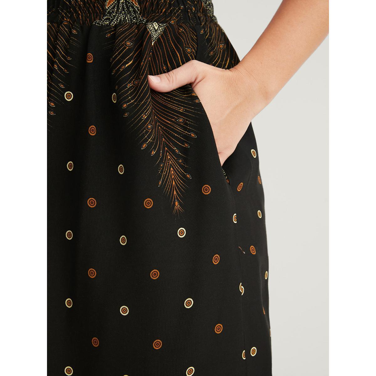 Plus Size Bandana Pocket Elastic Waist Split Skirt Women Black Vacation Printed No stretch Pocket Dailywear Skirts BloomChic 10/M Product Image