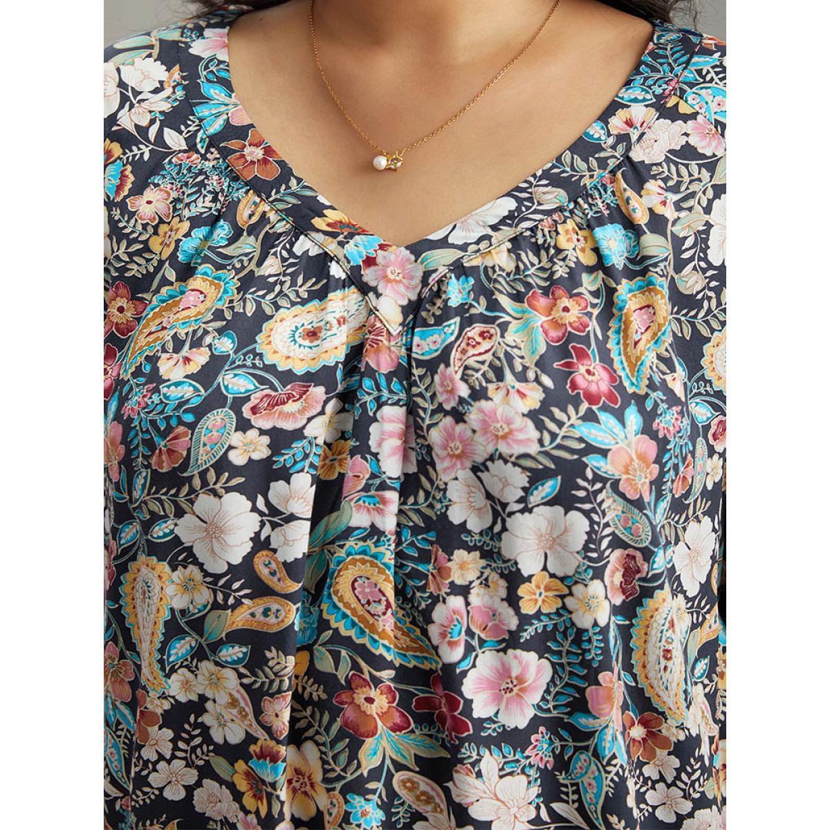 Plus Size Indigo Paisley Lantern Sleeve Gathered Blouse Women Elegant Long Sleeve V-neck Dailywear Blouses BloomChic 30/6X Product Image