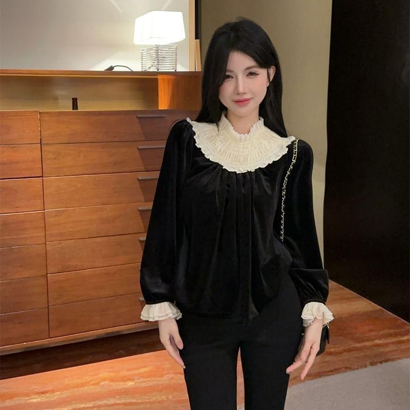 Long Sleeve Ruffle Mock Neck Two Tone Velvet Blouse Product Image