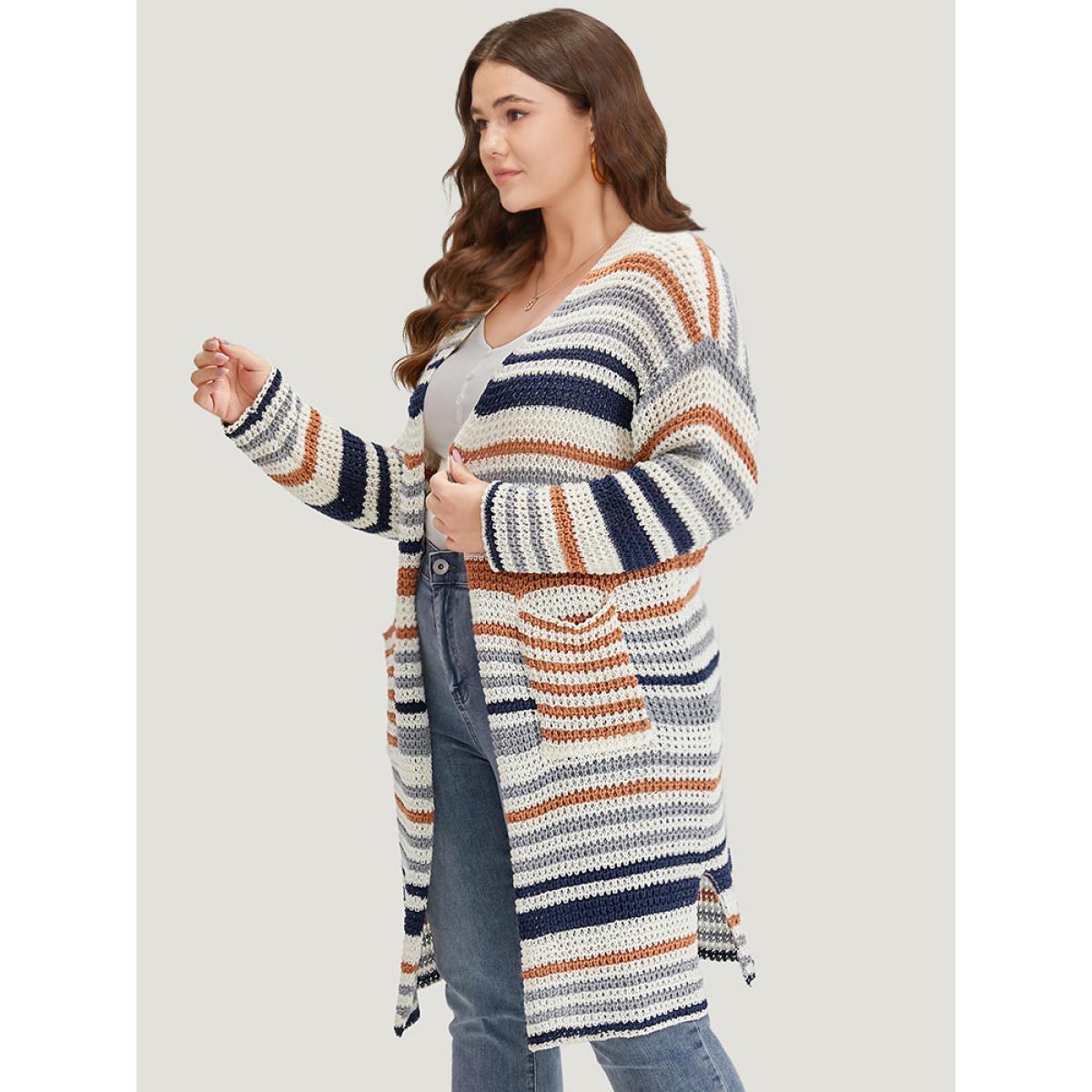 Plus Size Contrast Striped Patched Pocket Split Side Cardigan Multicolor Women Casual Loose Long Sleeve Dailywear Cardigans BloomChic 30/6X Product Image