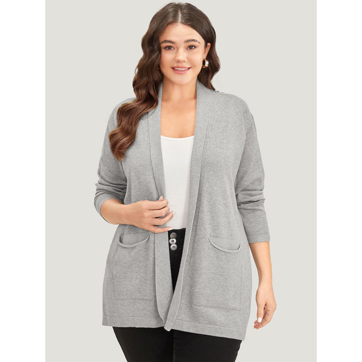 Plus Size Supersoft Essentials Plain Lapel Collar Patched Pocket Cardigan DarkGray Women Basics Loose Long Sleeve Everyday Cardigans BloomChic 30/6X Product Image