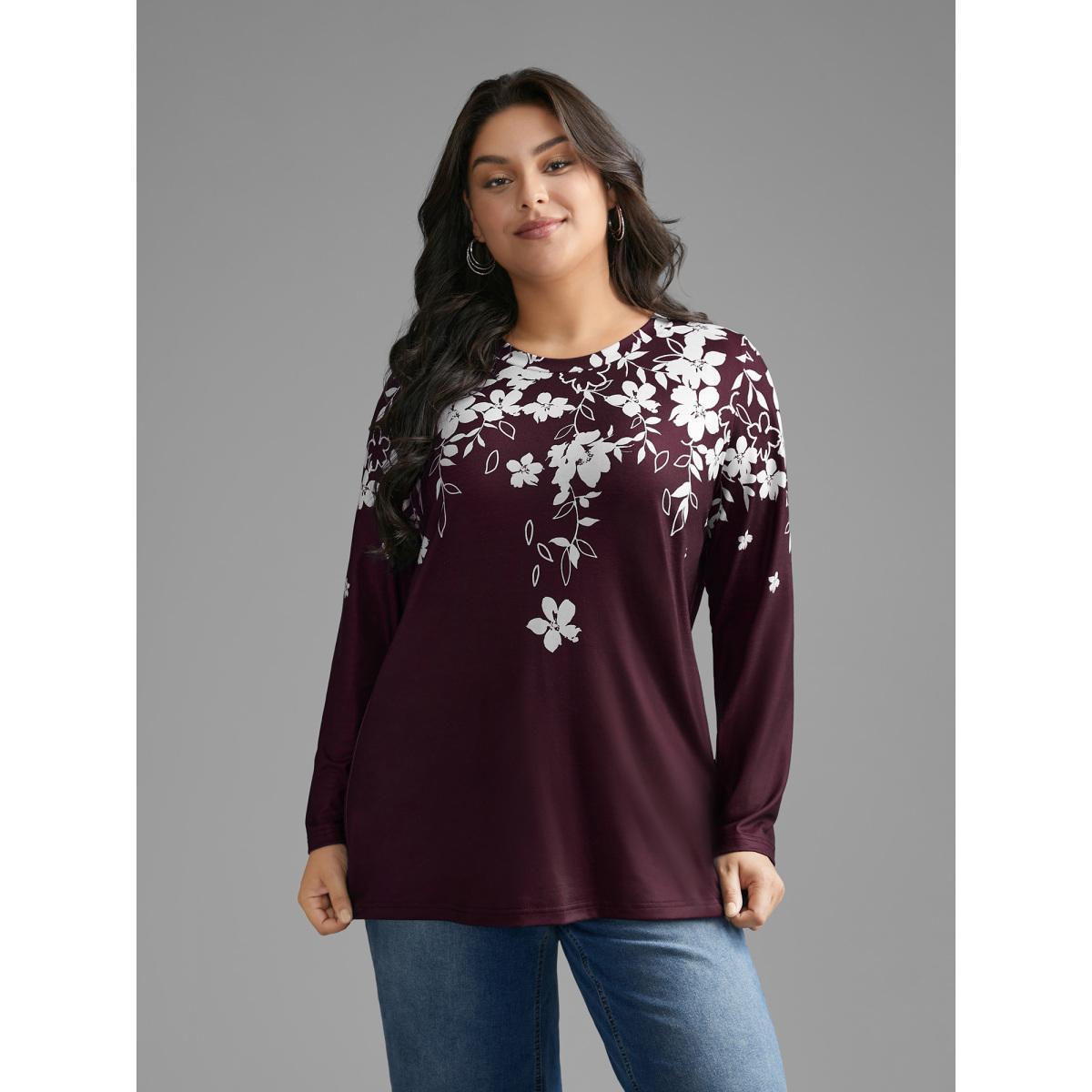 Plus Size Round Neck Boho Print T-Shirt Cyan Women Casual Contrast Natural Flowers Round Neck Everyday T-shirts BloomChic 12/L Product Image