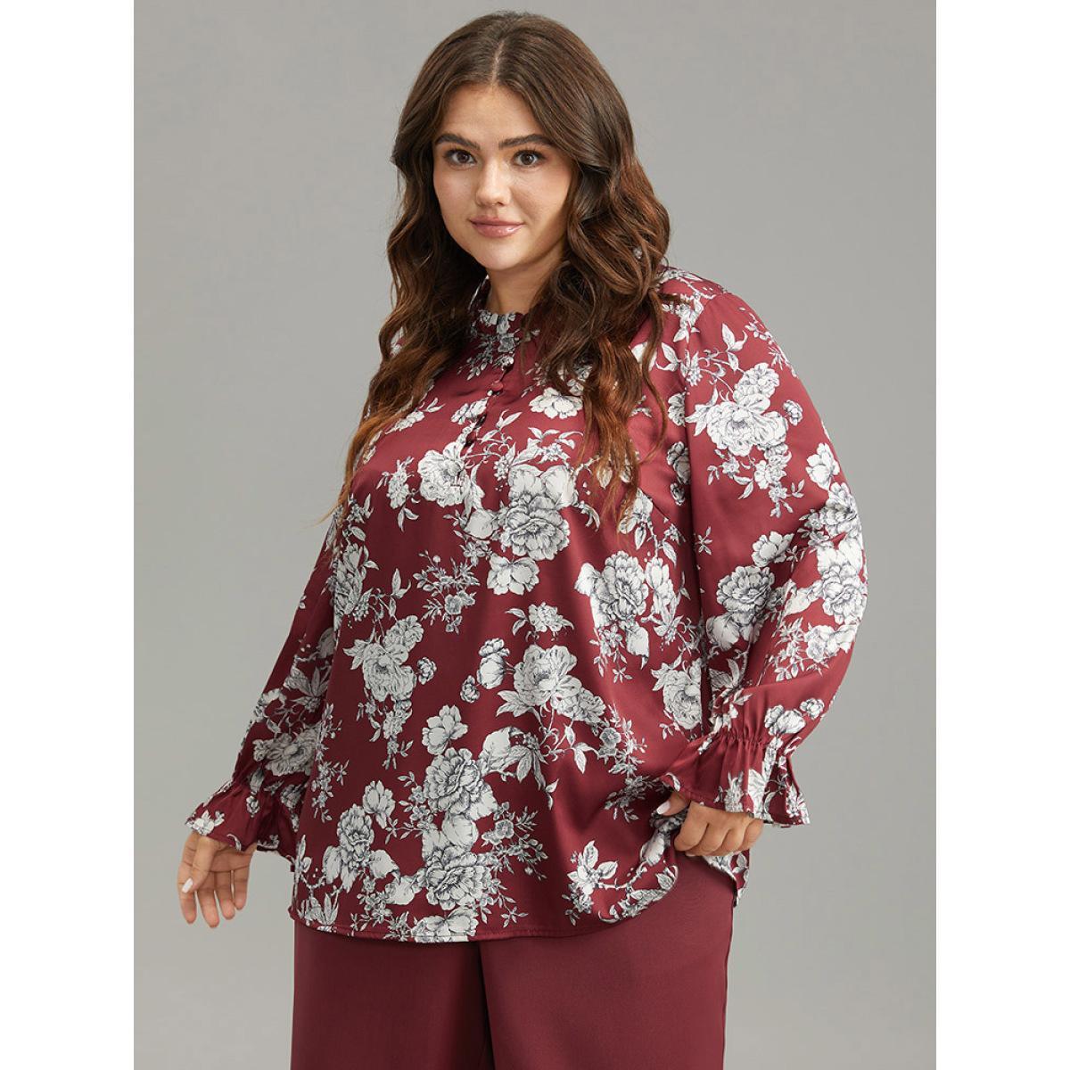 Plus Size Scarlet Silhouette Floral Print Frill Trim Button Detail Blouse Women Elegant Long Sleeve Round Neck Dailywear Blouses BloomChic 18-20/2X Product Image