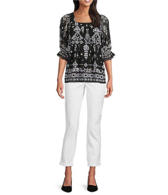 Calessa Petite Size Mesh Knit Abstract Mosaic Square Neck Elbow Puff Sleeve Blouse Product Image