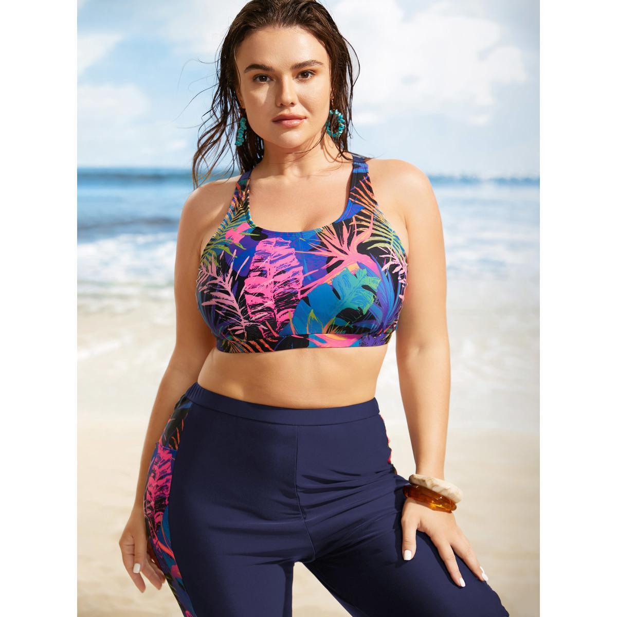 Plus Size 2-In-1 Tropical Print Back Crossover Swim Top Women's Swimwear Indigo Beach Tiered High stretch Bodycon U-neck Curve Swim Tops BloomChic 10/M Product Image
