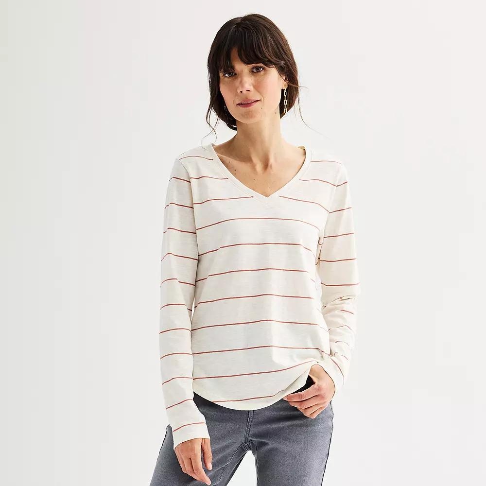 Women's Sonoma Goods For Life® Everyday Long Sleeve V-Neck Tee, Size: XL, Jam White Stripe Product Image