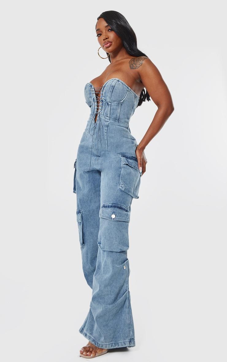 Shape Vintage Mid Wash Denim Bandeau Lace Up Front Wide Leg Jumpsuit Product Image