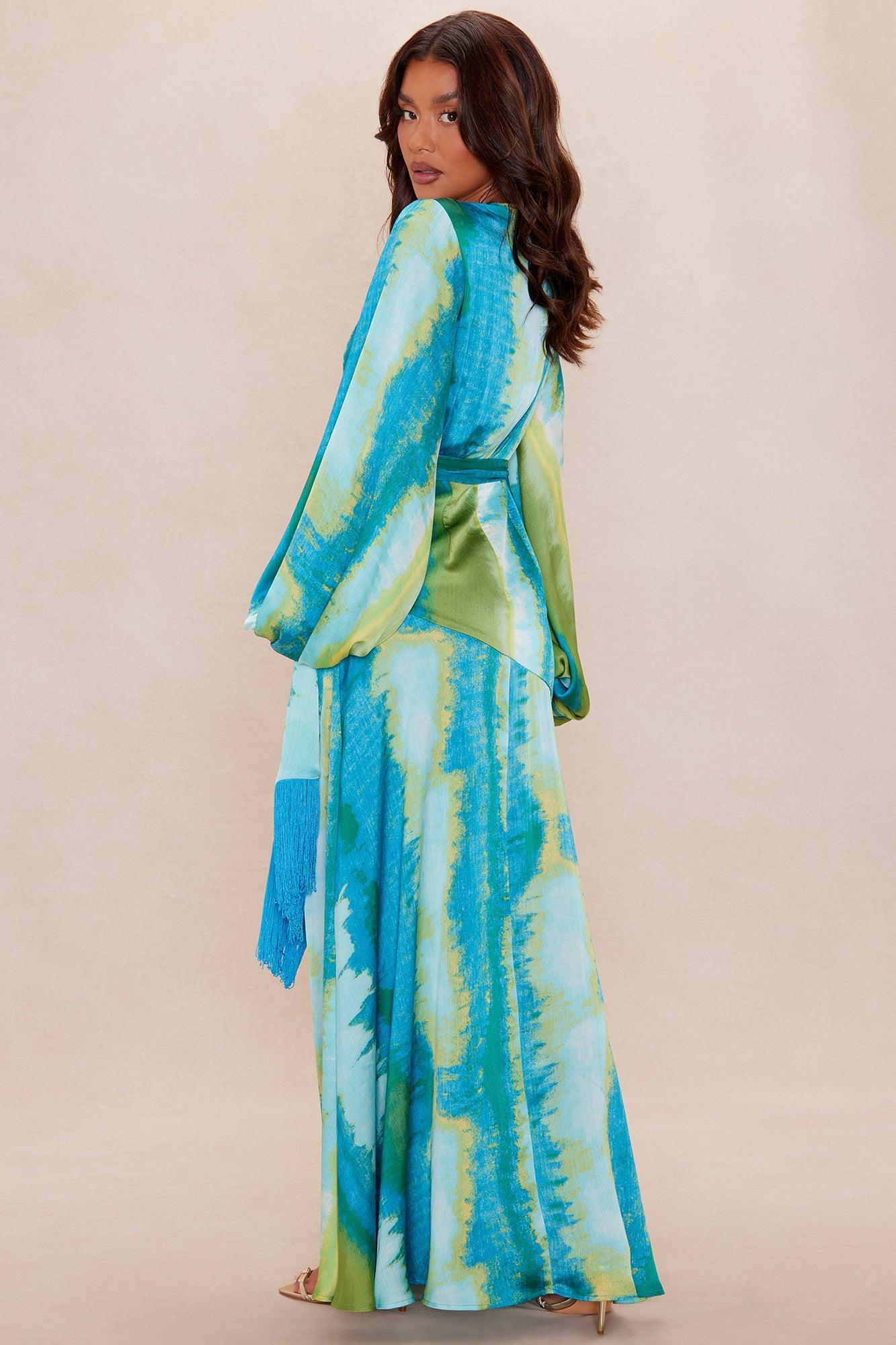 Too Chic Long Sleeve Satin Maxi Dress - Blue/combo Female Product Image