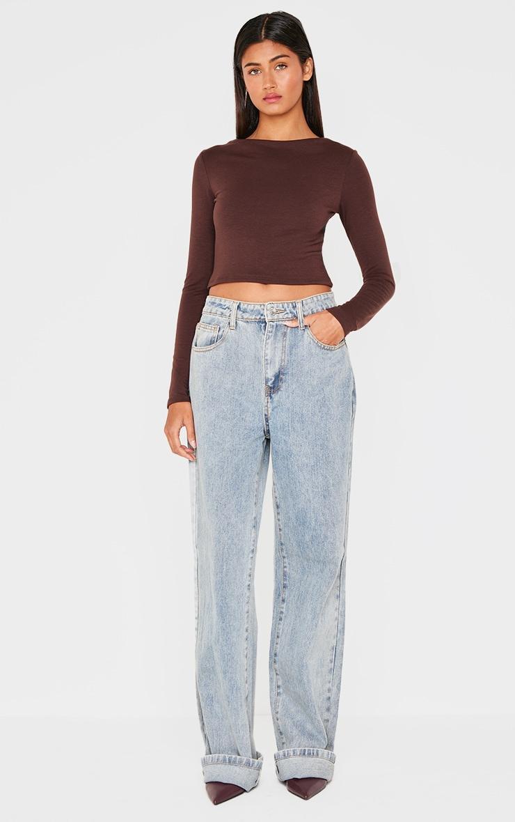 Chocolate Contour Jersey Buckle Detail Backless Long Sleeve Top Product Image