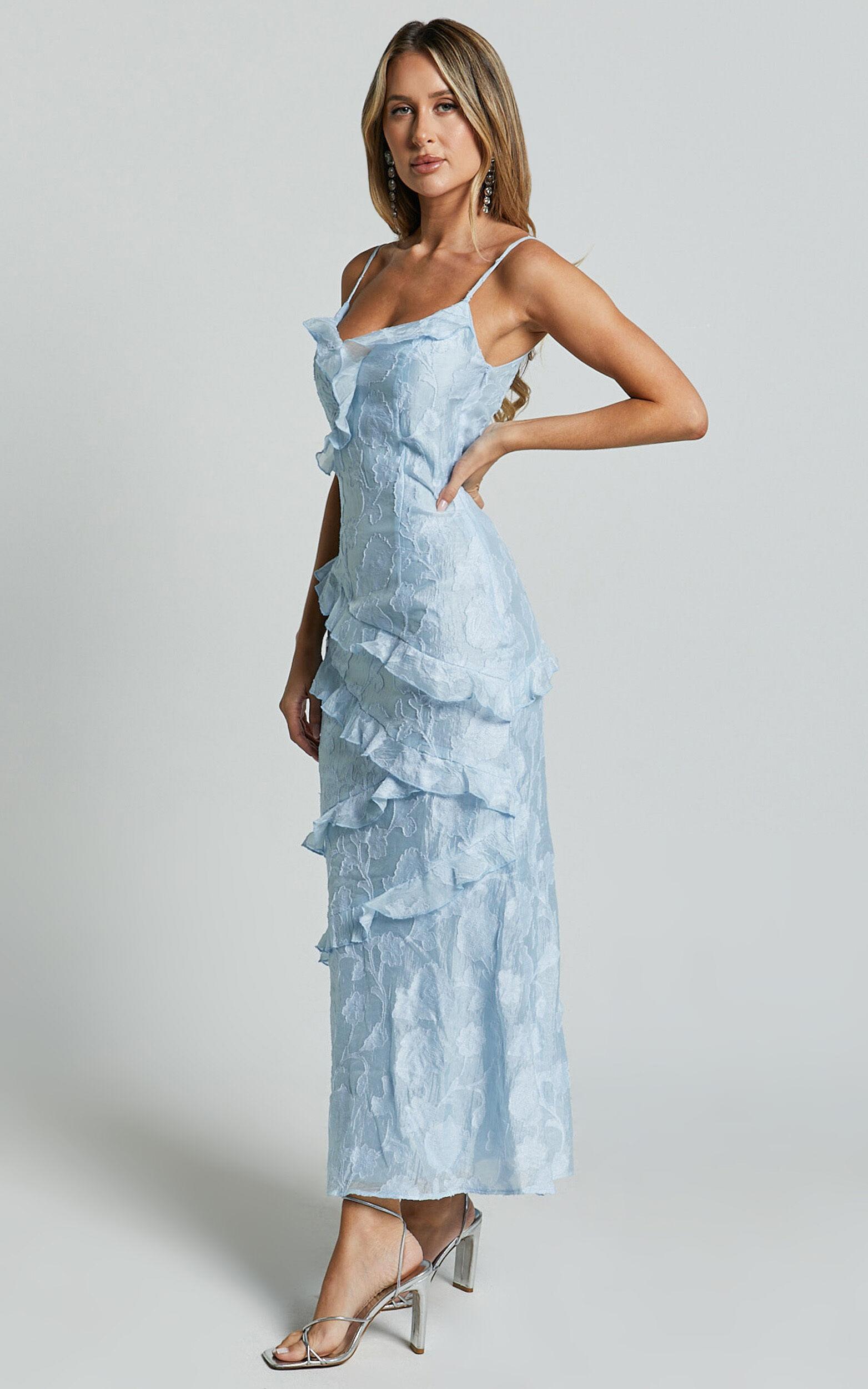 Michaela Midi Dress - Jacquard Ruffle Detail Tiered Dress in Light Blue Product Image
