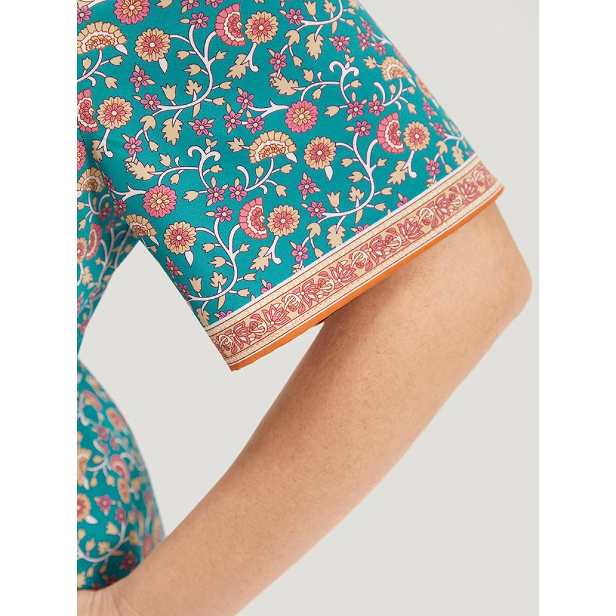 Plus Size Floral Print Button Detail Elastic Waist Patchwork Dress Emerald Women Vacation Gathered V-neck Short sleeve Curvy Midi Dress BloomChic 26/4X Product Image