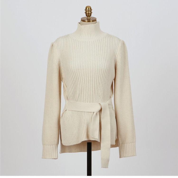 Long-Sleeve Turtleneck Plain Knit Top Product Image