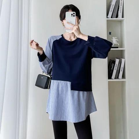 Maternity Long-Sleeve Round Neck Striped Panel Blouse Product Image